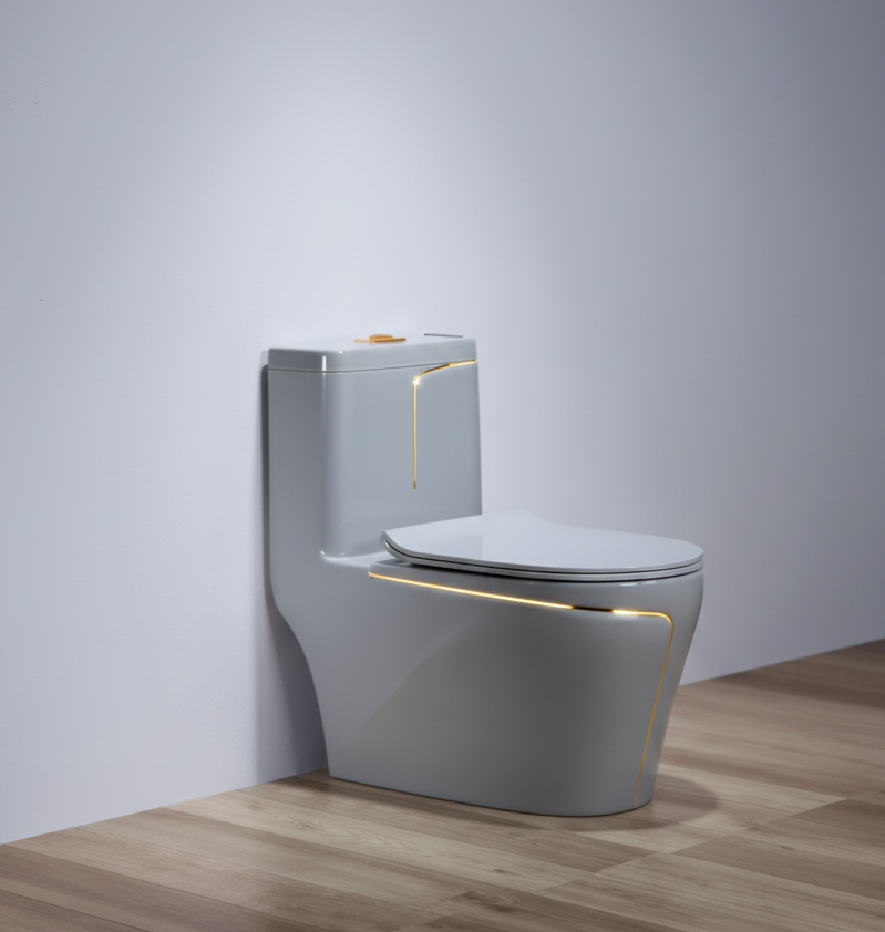 Bồn cầu liền khối R45C xám sọc vàng, men sứ cao cấp, sang trọng