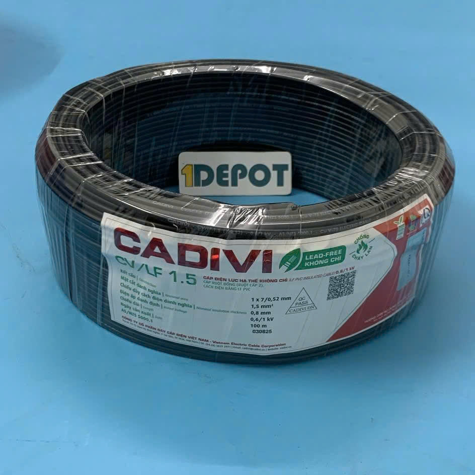 Dây điện đơn CV 1.5 Cadivi, màu đen, cuộn 100m