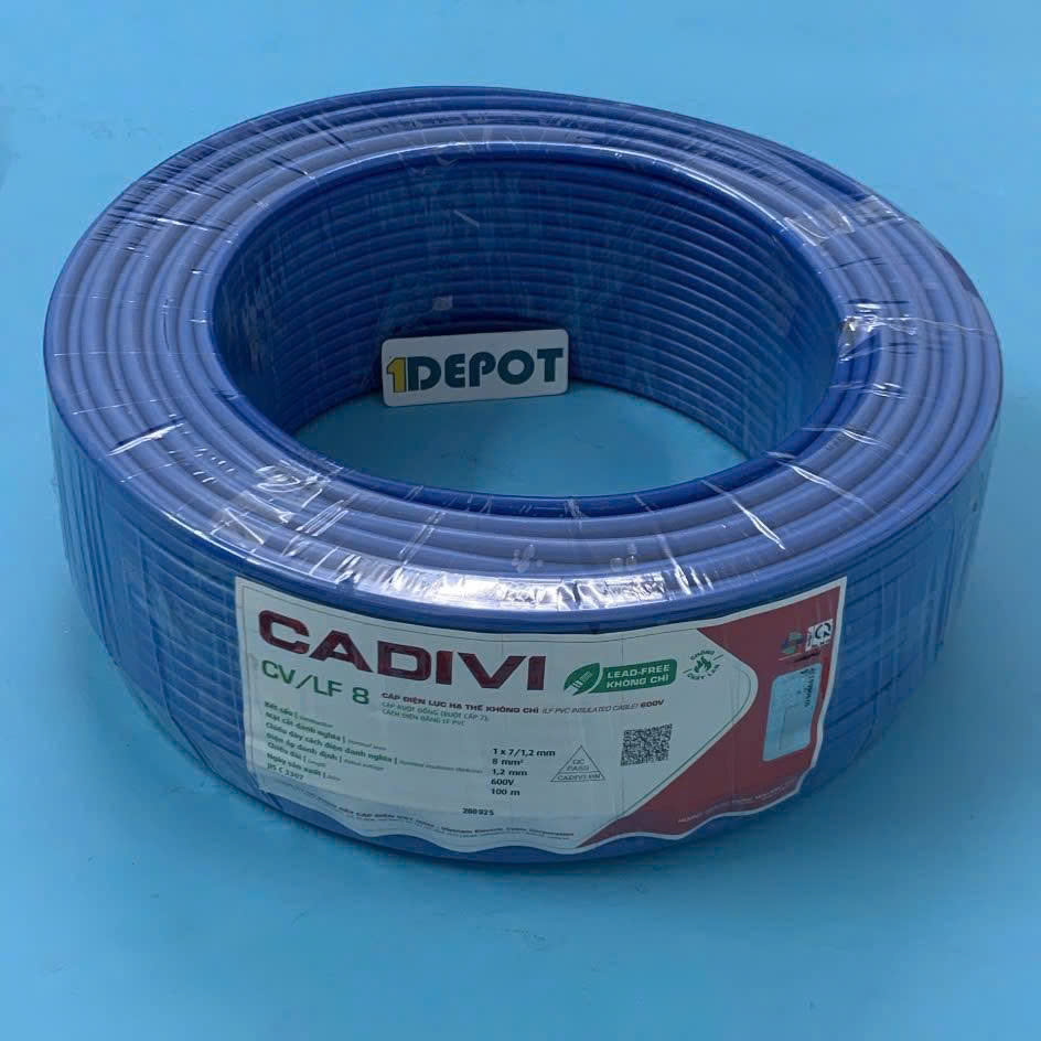 Dây điện đơn CV 8 Cadivi, màu xanh, cuộn 100m