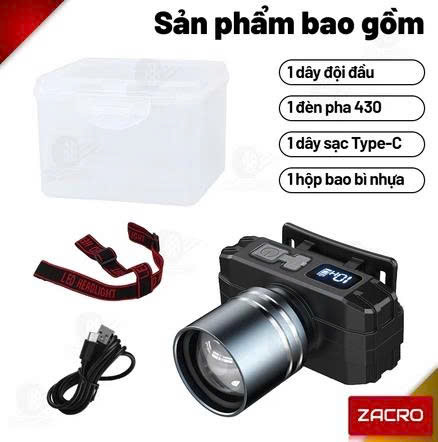Đèn pin đội đầu zoom xa chống nước IPX5 AT-430 Zacro dung lượng pin 4000mAh, kèm cáp sạc