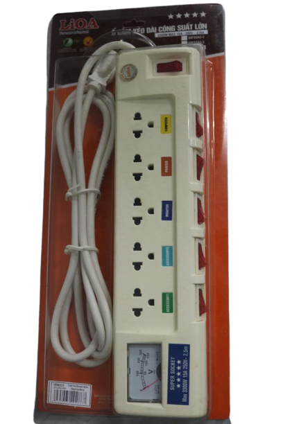 Ổ cắm điện đa năng LiOA 5OFSSA2.5-3, có 5 ổ đa năng và 6 công tắc, chiều dài 2.5m, công suất 3000W/250V