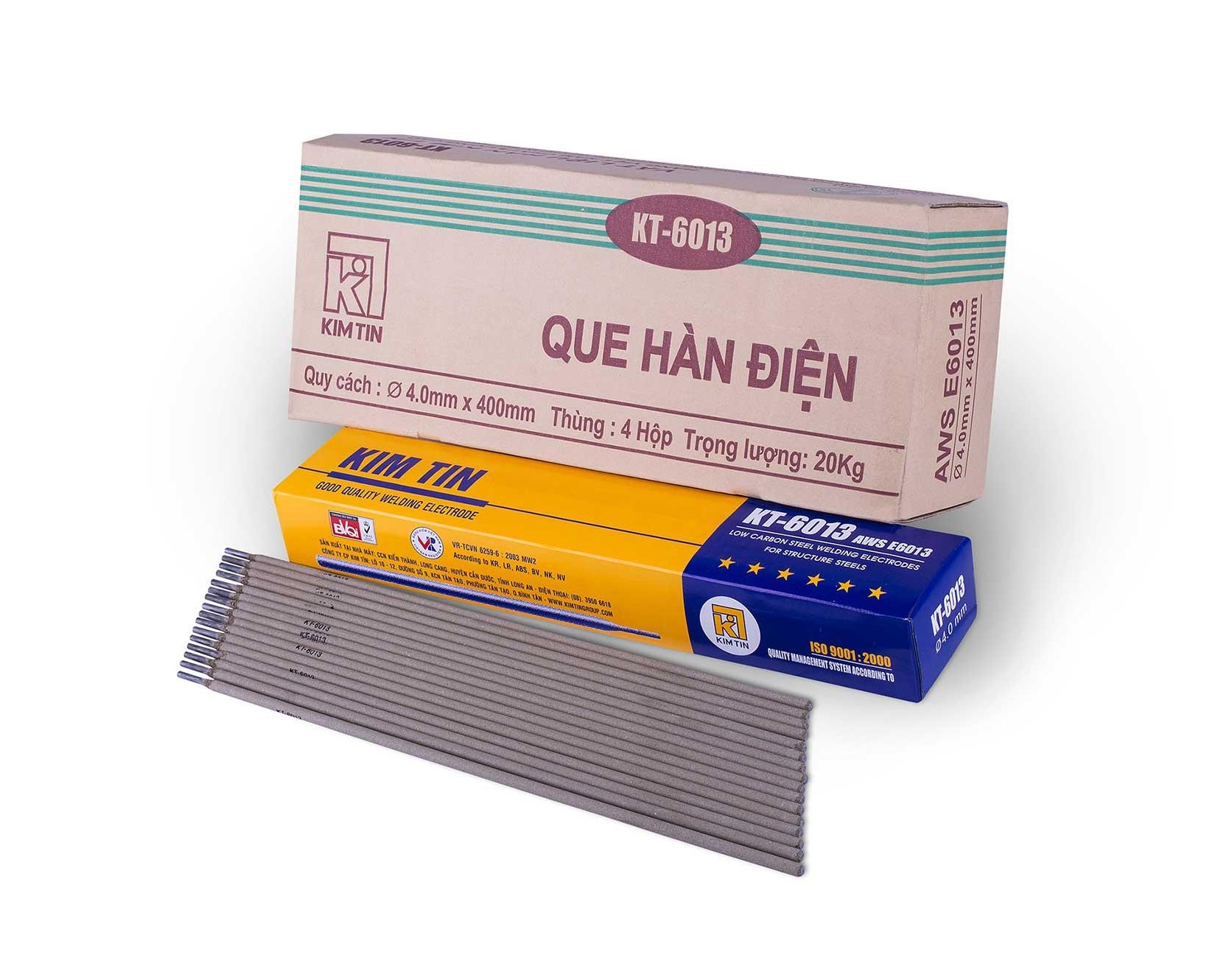 Que hàn sắt 3.2mm Kim Tín KT-6013, kích thước 3.2x350mm, 1 hộp 5kg (~30 que/kg)