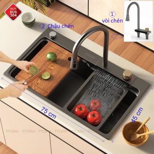 Chậu + vòi rửa chén đơn inox 304 phủ nano đen 7546D OEM-47