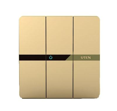 Bộ công tắc ba 2 chiều có led Uten Q7GK32, mặt nhựa màu vàng, kích thước 85x*85mm