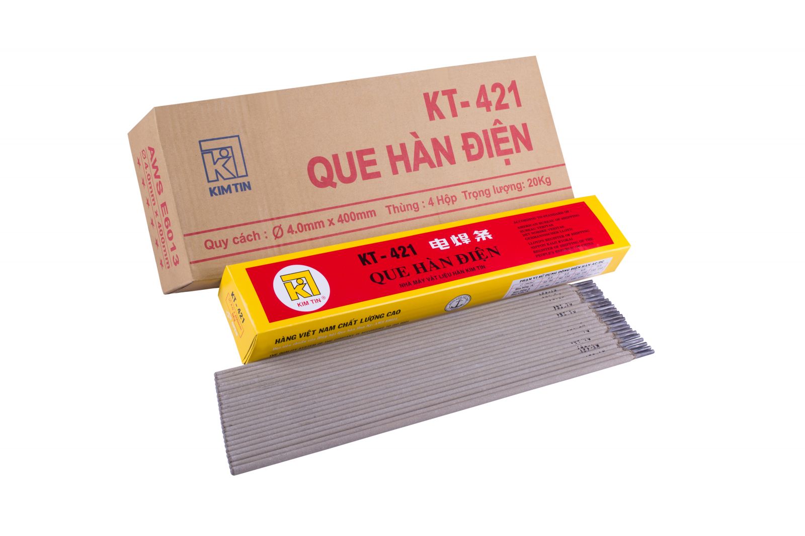 Que hàn sắt 4mm Kim Tín KT-421, kích thước 4.0x400mm, 1 hộp 5kg