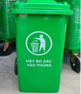 Thùng rác 120L, nhựa HDPE 2 bánh xe, nắp kín màu xanh lá, KT 570 × 460 × 930 mm