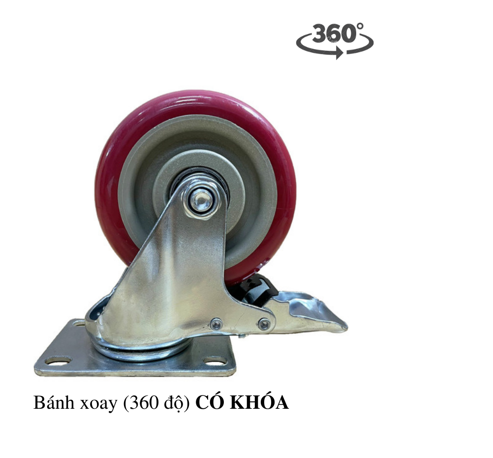 Bánh xe PP đỏ mận 10cm, có Khóa