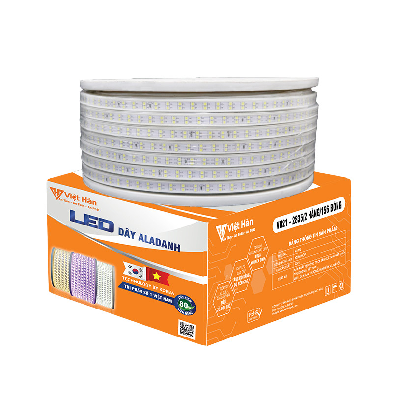 Led dây Aladanh Việt Hàn 7-7.5w/m VH21N 2835/2 hàng/156 bóng, điện áp AC220V, ánh sáng xanh lục