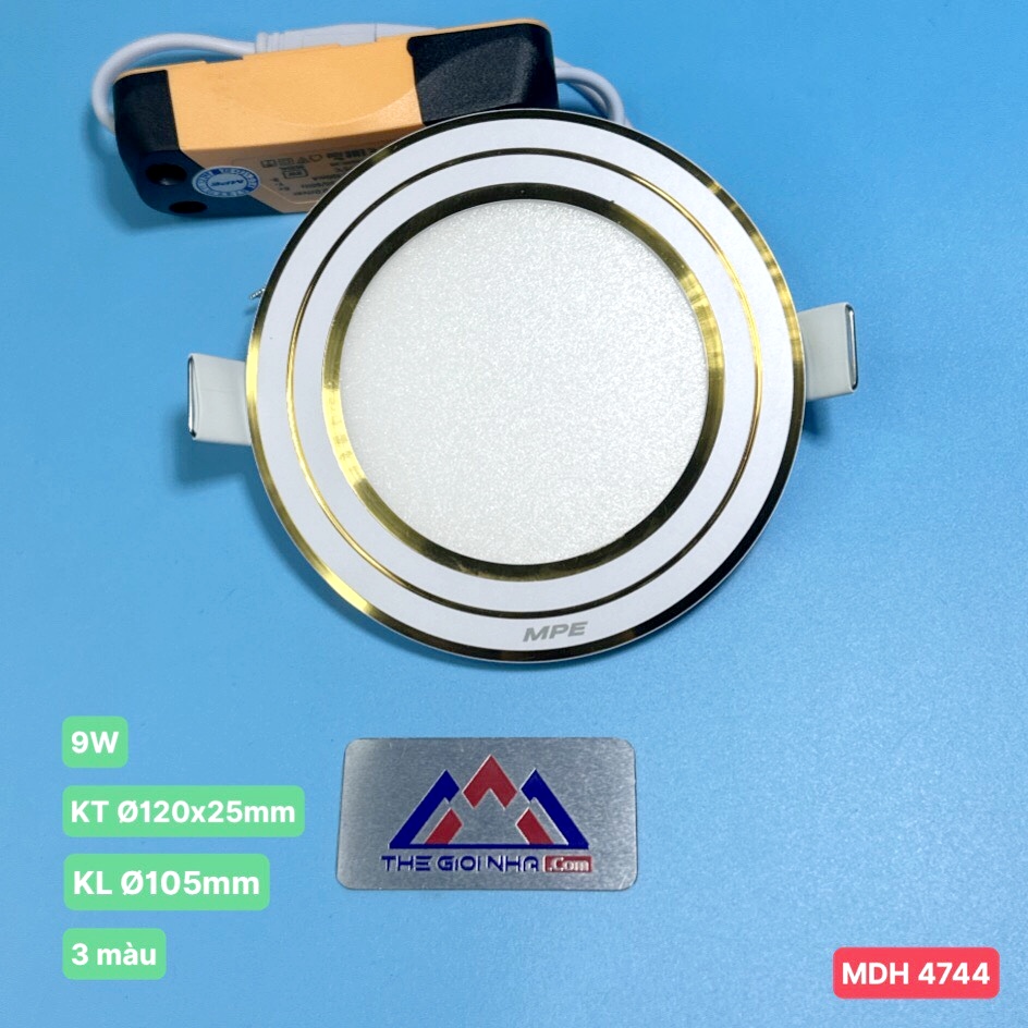 Đèn Led panel âm trần tròn, viền vàng 9W MPE RPL-9S/3C/G 3 màu ánh sáng, KT Þ120x25 mm, đục lỗ Þ105 mm