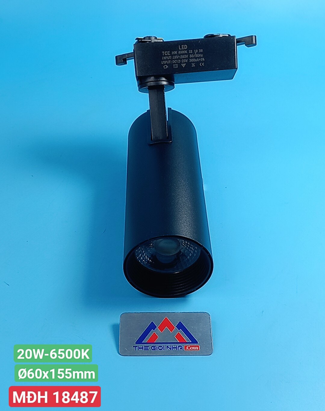Đèn led chiếu điểm gắn thanh ray thân đen 20W TCE CD 002, Ánh Sáng Trắng, kích thước Ø60x155mm