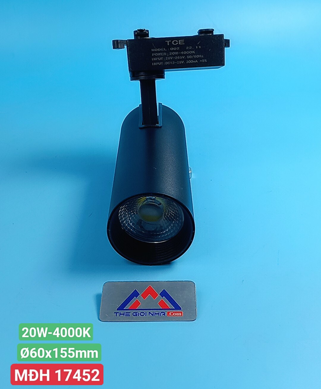 Đèn led chiếu điểm gắn thanh ray thân đen 20W TCE CD 002, Ánh Sáng Trung Tính, kích thước Ø60x155mm