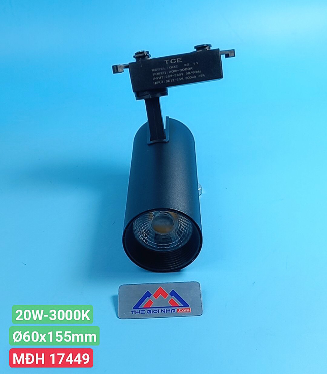 Đèn led chiếu điểm gắn thanh ray thân đen 20W TCE CD 002, Ánh Sáng Vàng, kích thước Ø60x155mm