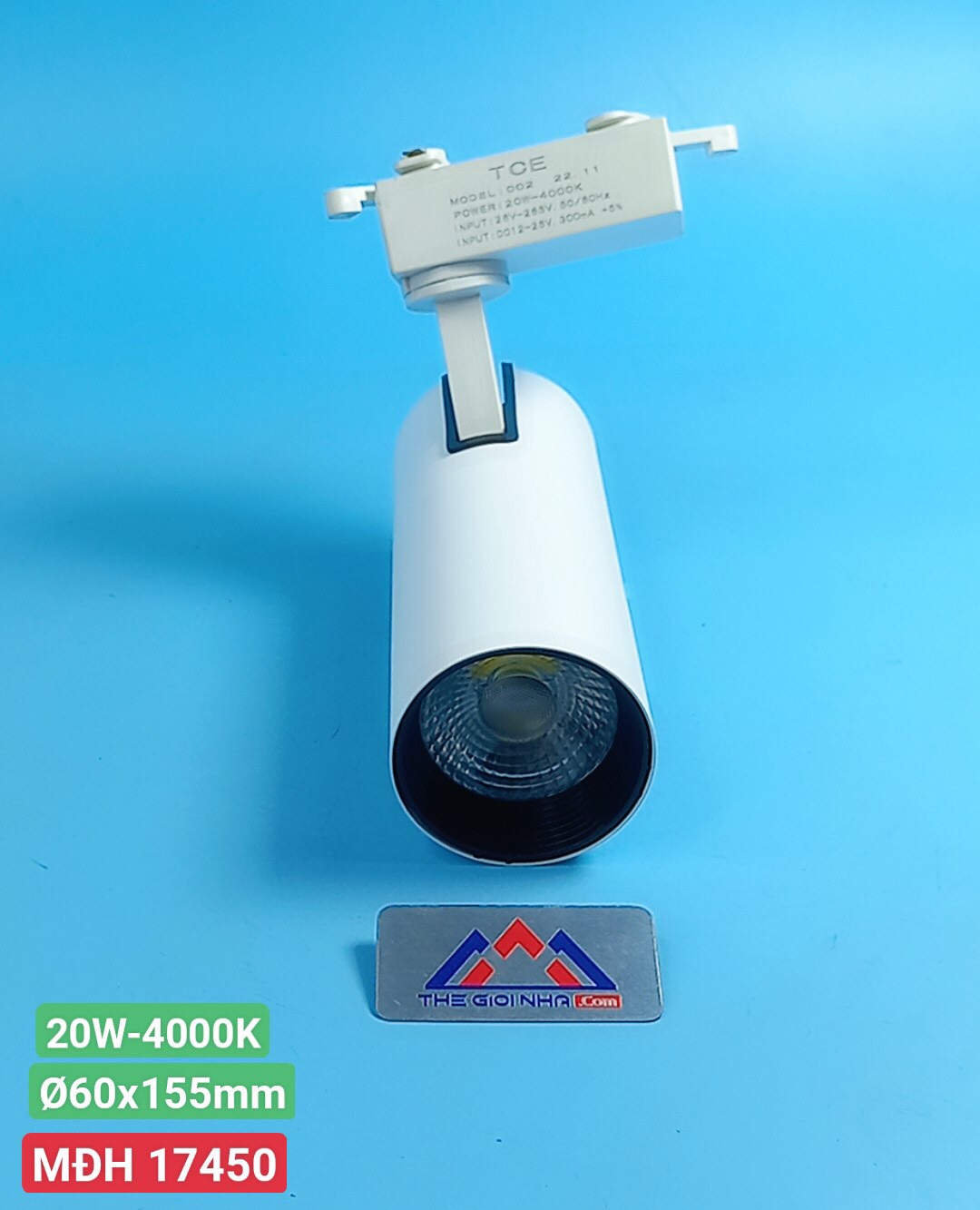 Đèn led chiếu điểm gắn thanh ray thân trắng 20W TCE CD 002, Ánh Sáng Trung Tính, kích thước Ø60x155mm