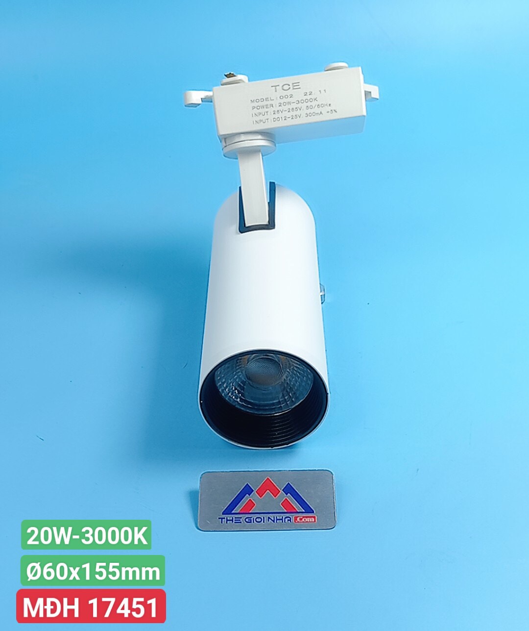 Đèn led chiếu điểm gắn thanh ray thân trắng 20W TCE CD 002, Ánh Sáng Vàng, kích thước Ø60x155mm