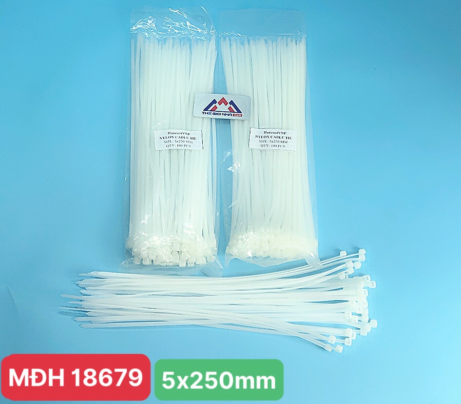 Dây rút nhựa 2.5 tấc, KT 5x250mm, rộng 3.3mm, màu trắng, 100 sợi/gói