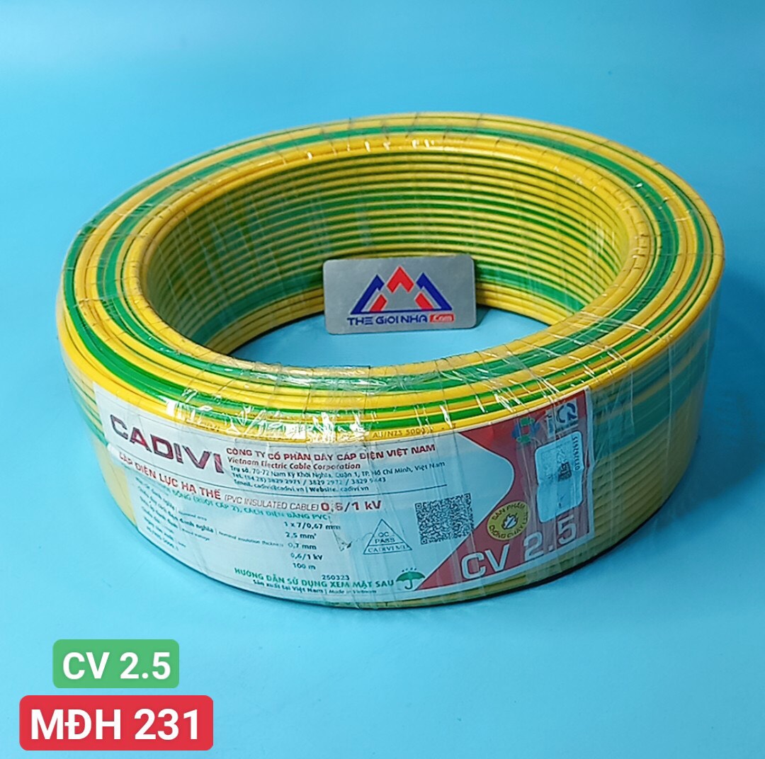 Dây tiếp đất, dây ter Cadivi CV 2.5 màu vàng xanh, cuộn 100m