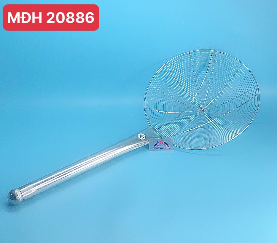 Vá inox vớt mì đường kính miệng vợt 300mm, cán inox dài 400mm