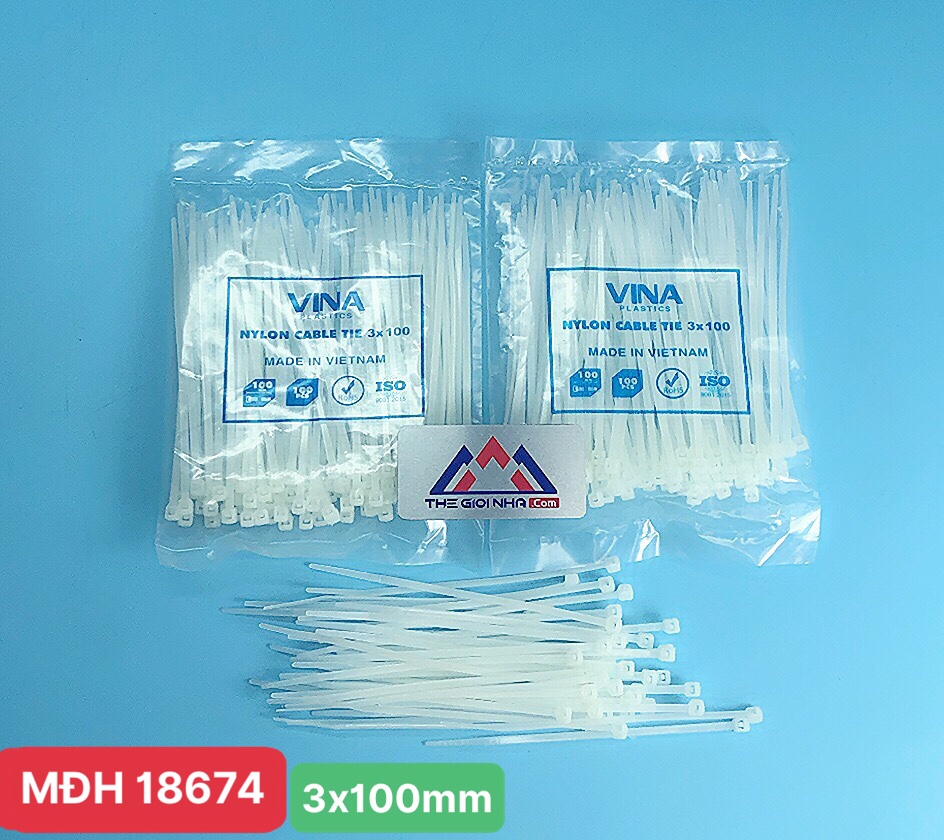 Dây rút nhựa 1 tấc, KT 3x100mm, rộng 2.5mm, màu trắng, đóng gói 100 sợi/gói