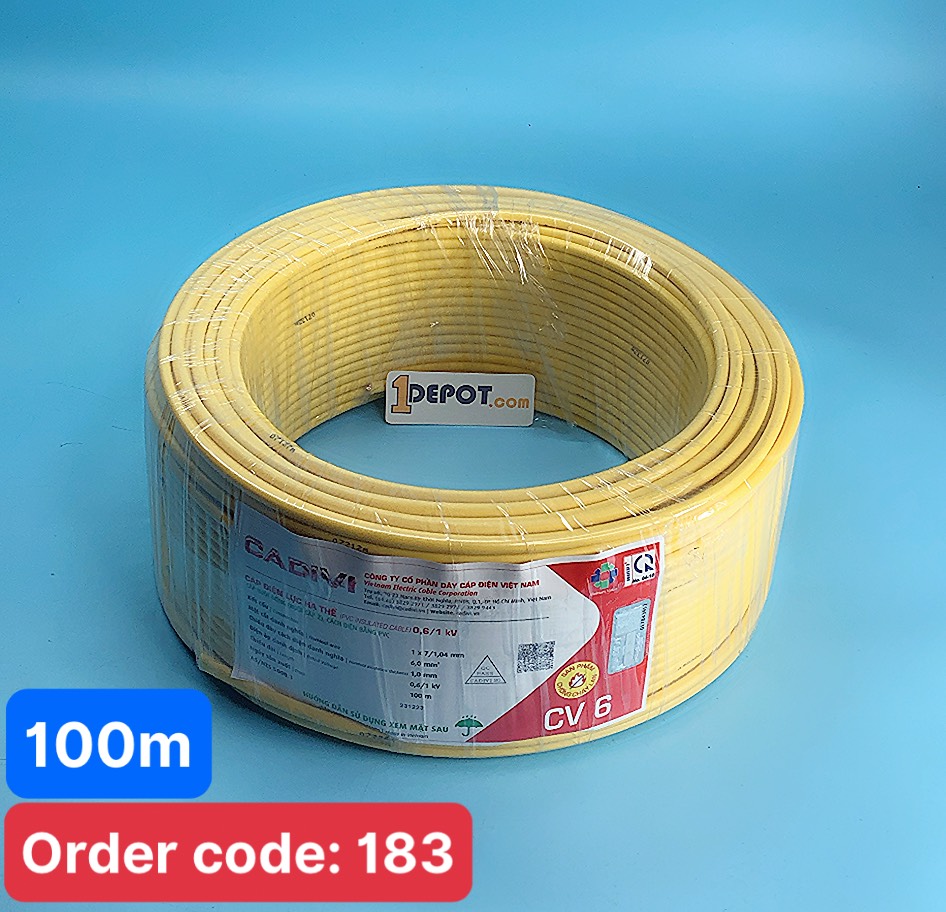 Dây điện đơn CV 6 Cadivi, màu vàng, cuộn 100m