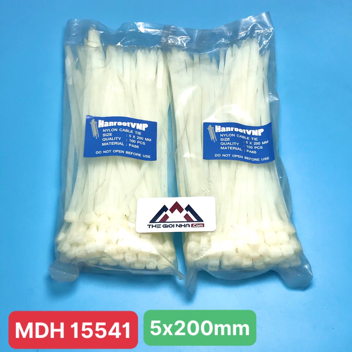 Dây rút nhựa màu trắng 5x200mm HanrootVNP nhựa PA66 chịu lực 10kg, 100 sợi/gói