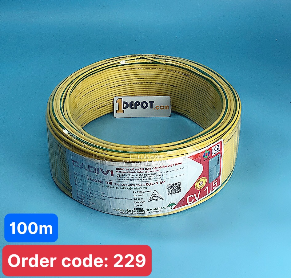 Dây tiếp đất, dây ter Cadivi CV 1.5 màu vàng xanh, cuộn 100m