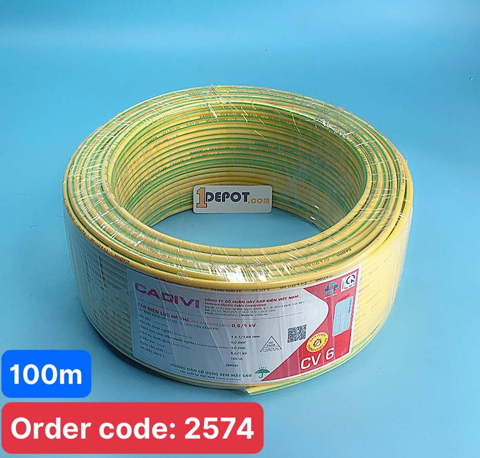 Dây tiếp đất, dây ter Cadivi CV 6, màu vàng xanh, cuộn 100m