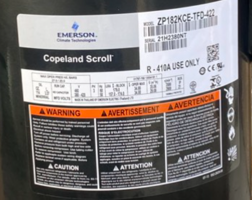 Máy nén lạnh 15.2HP Copeland ZP182KCE-TFD-422, chỉ dùng gas 410A