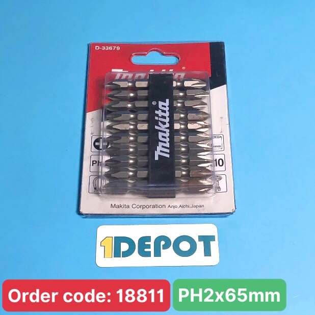 Bộ mũi vít hai đầu gồm 10 đầu vít:  PH2x65mm, Makita D-33679