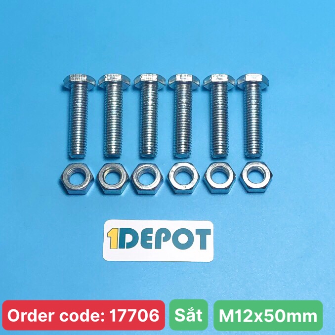 Bu lông + Đai ốc M12 x 50mm ren suốt, chất xi trắng