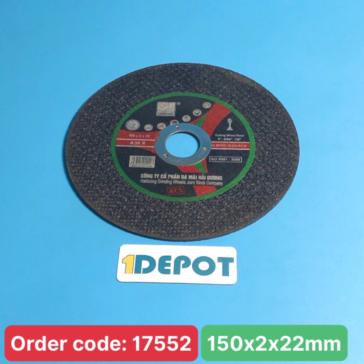 Đá cắt kim loại 150, thương hiệu DAMAHAD Hải Dương, màu đen, kích thước 150x2x22mm, đóng gói 50 viên/hộp