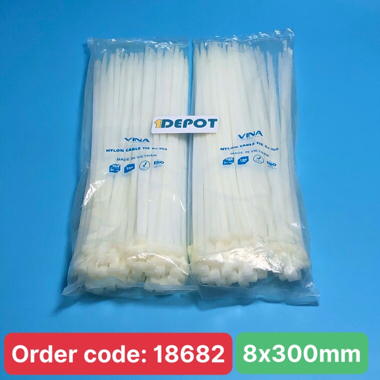 Dây rút nhựa 3 tấc, KT 8x300mm, rộng 5.2mm, màu trắng, 100 sợi/gói