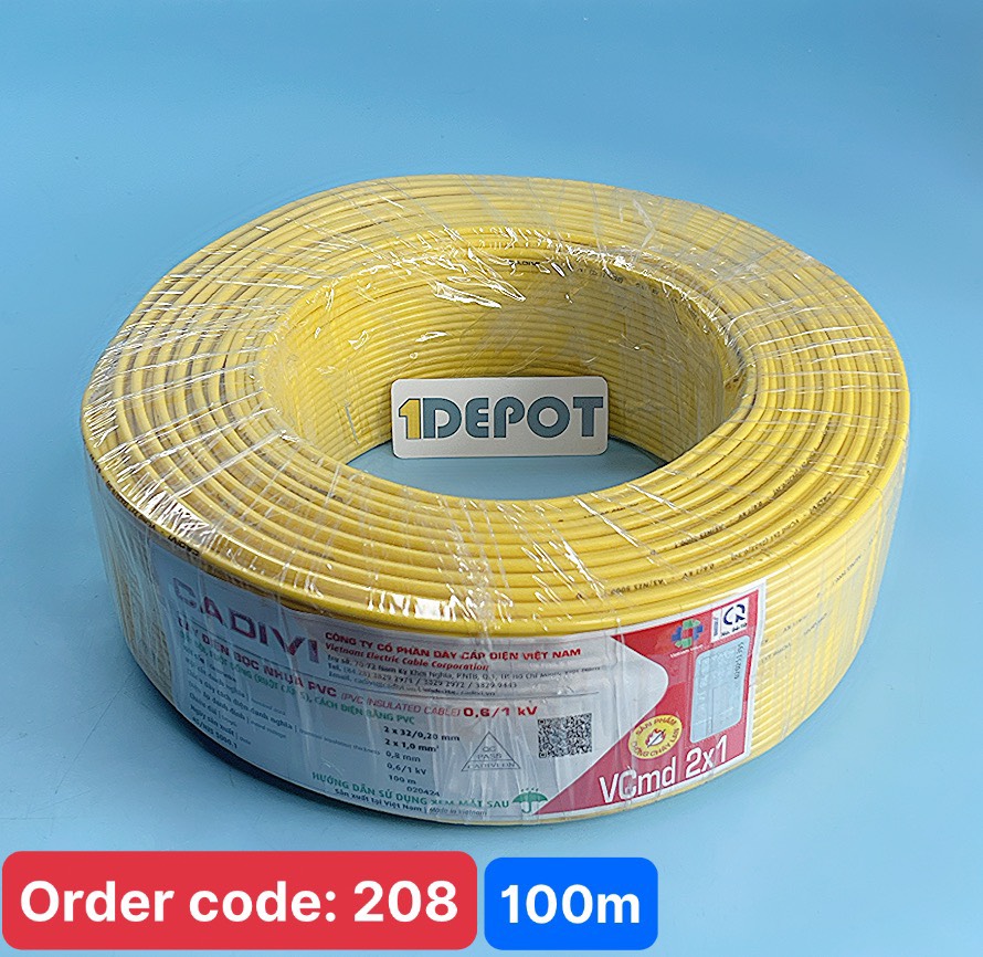 Dây điện Cadivi VCMD 2x1 màu vàng, 0.6/1KV, cuộn 100m, giá theo mét