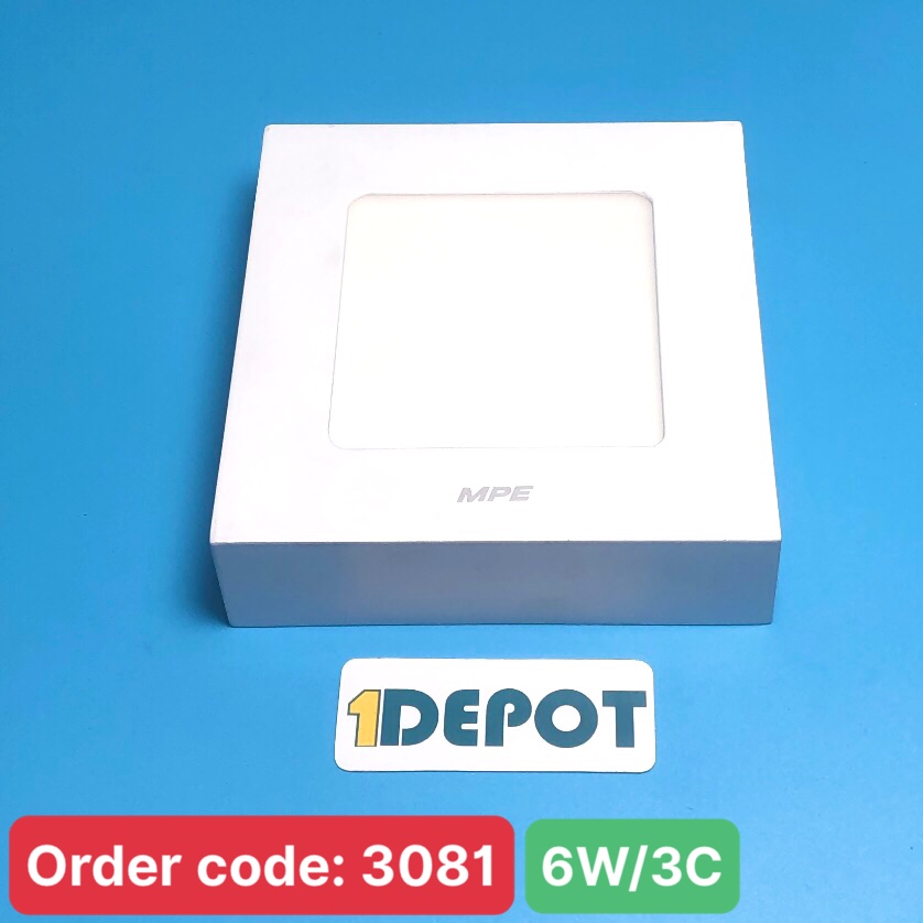 Đèn led ốp trần nổi vuông 6W MPE SSPL-6/3C, chế độ 3 màu, kích thước 120×120x35mm, đóng gói 1 cái/hộp, 40 cái/thùng