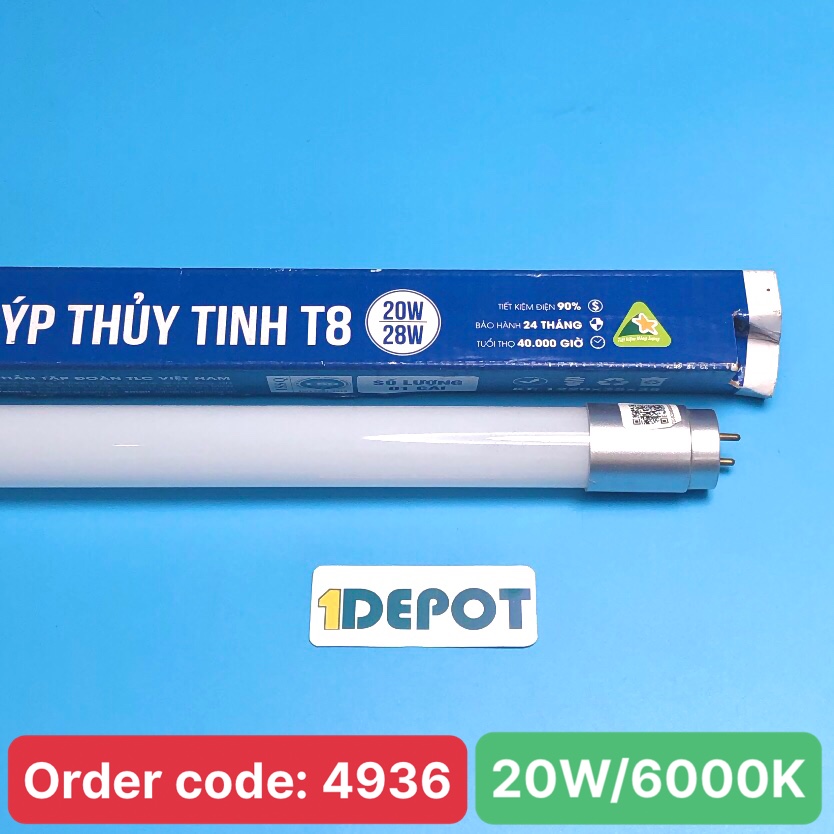 Đèn led tuýp thủy tinh T8 20W siêu sáng TLC-TTT-20W, ánh sáng trắng, 1m2