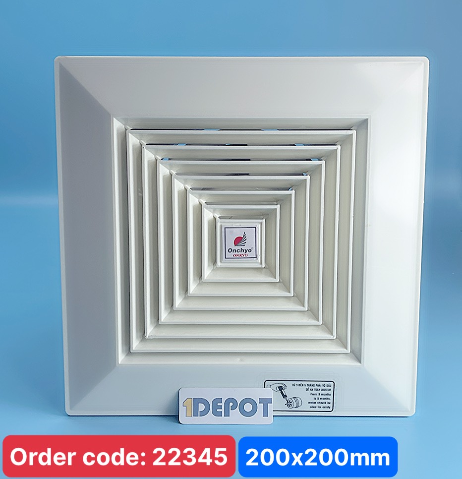 Quạt thông gió âm trần 26W Onchyo FVCT15-LHP6, 220v, kích thước khung 200 x 200mm, không ống hút thẳng lên trần