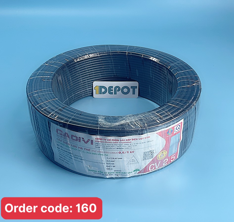 Dây điện đơn CV 2.5 Cadivi, màu đen, cuộn 100m
