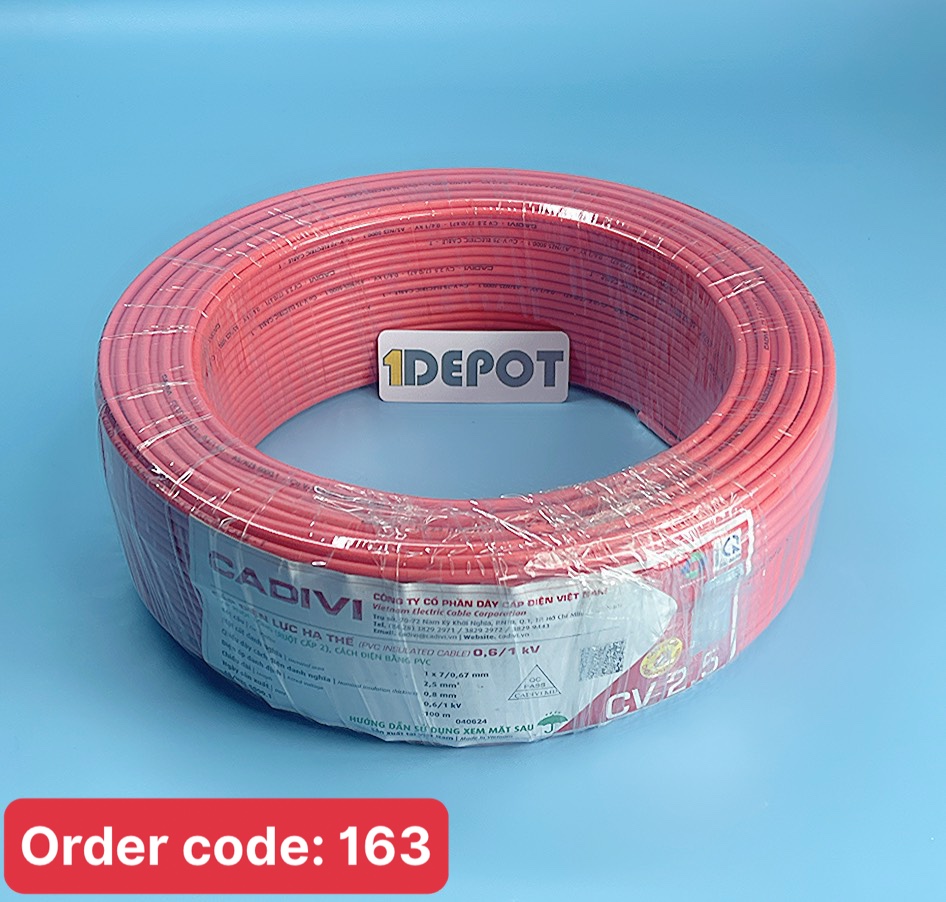 Dây điện đơn CV 2.5 Cadivi, màu đỏ, cuộn 100m