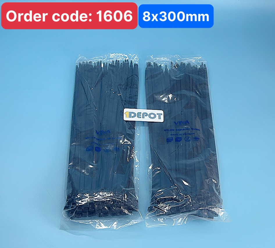 Dây rút nhựa 3 tấc, KT 8x300mm, rộng 5.2mm, màu đen, 100 sợi/gói