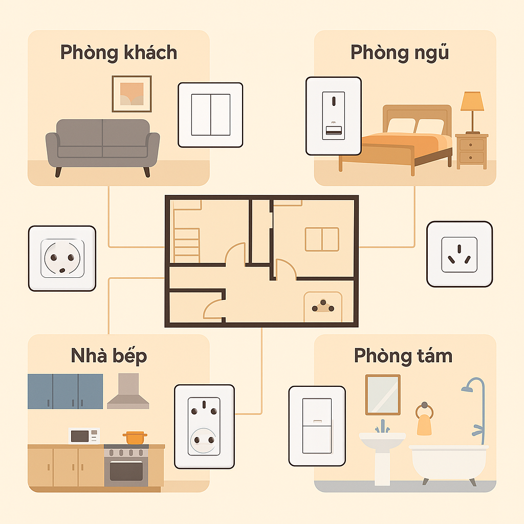 Chọn công tắc, ổ cắm phù hợp cho từng không gian trong nhà