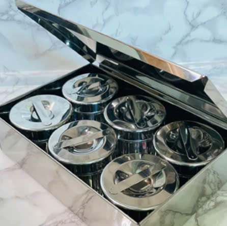 Bộ lưu mẫu 6,  chứa 6 lọ ( 300ml/ lọ), chất liệu inox 304