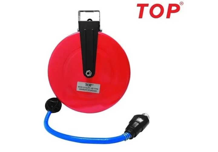 Cuộn dây hơi treo tự rút 9m TOP HR-702A ống 8mm x 12mm, hộp sắt