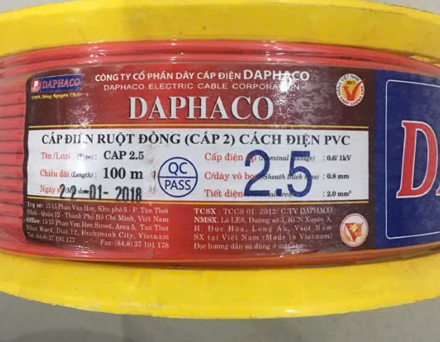 Dây điện đơn CV 2.5 Daphaco màu đỏ , 100m/cuộn