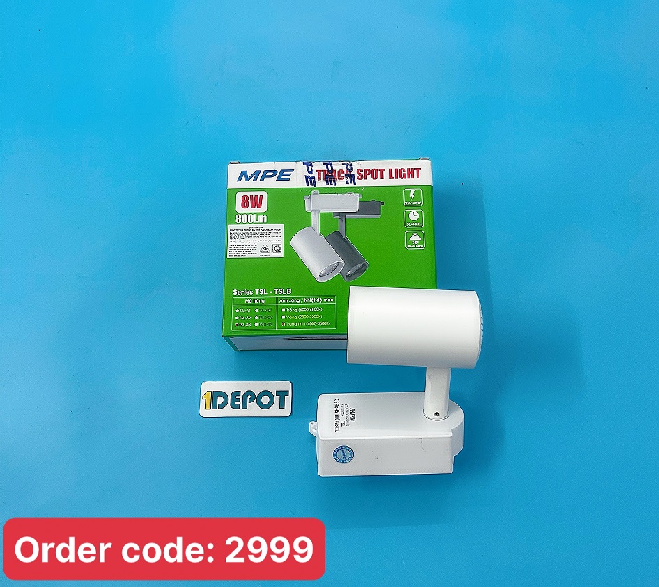 Đèn led chiếu điểm gắn thanh ray trắng 8W MPE TSL-8N, ánh sáng trung tính , kích thước ø50x159mm, đóng gói 1 cái/hộp, 40 cái/thùng