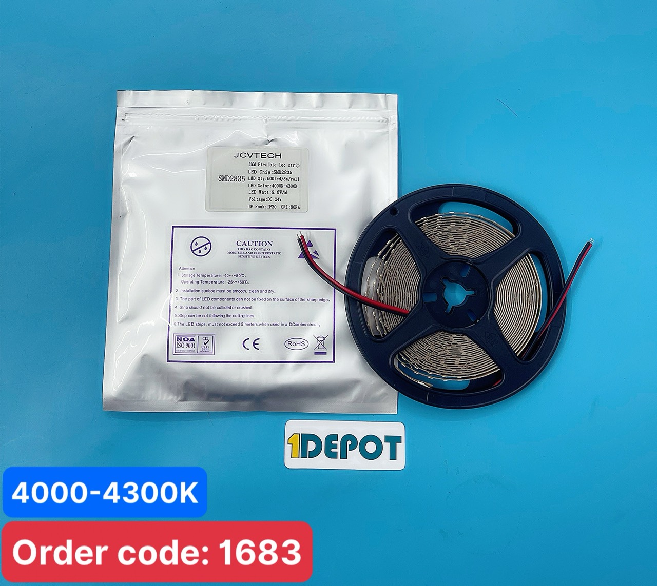 Đèn Led dây 2835 24V JCVTECH, công suất 9.6w, ánh sáng trung tính 4000k, số bóng 120led/m, cấp bảo vệ ip20, 5m/cuộn