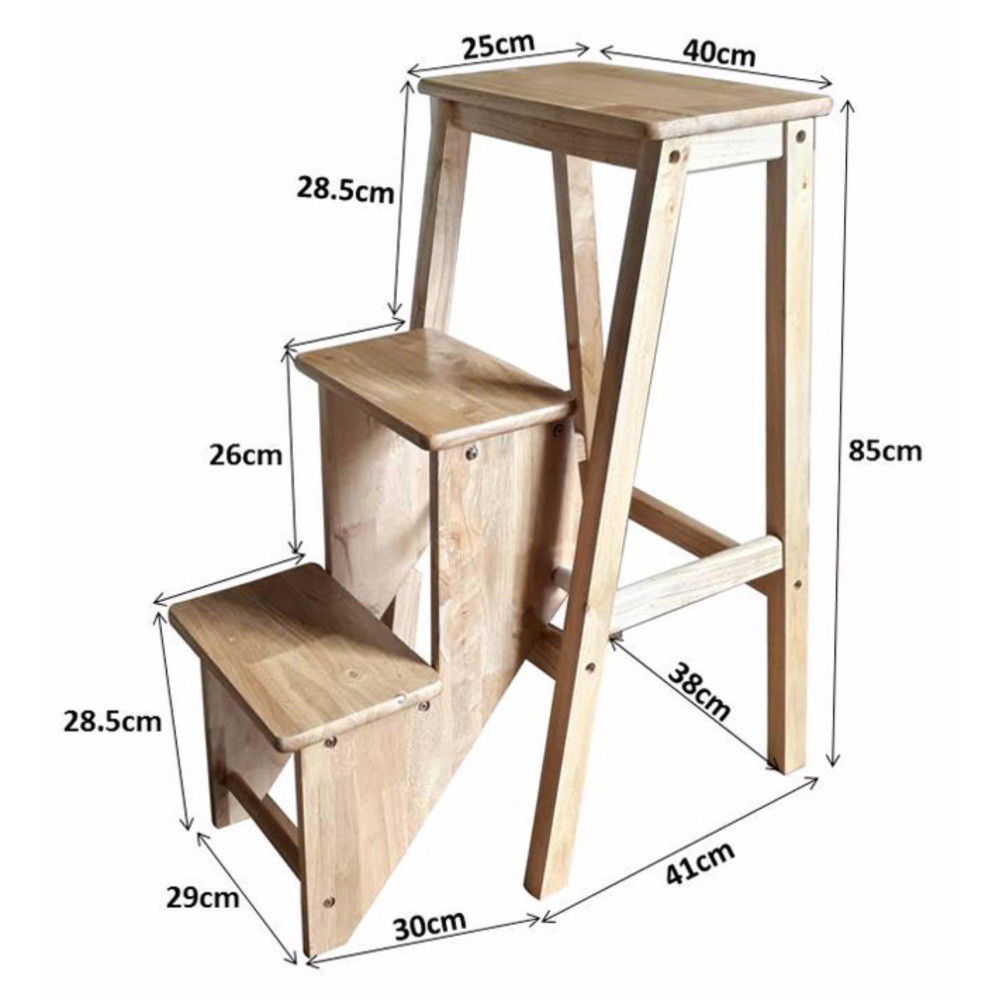 Ghế gỗ cao su 3 bậc gấp gọn, màu vàng nhạt, kích thước N400xS410xC850mm
